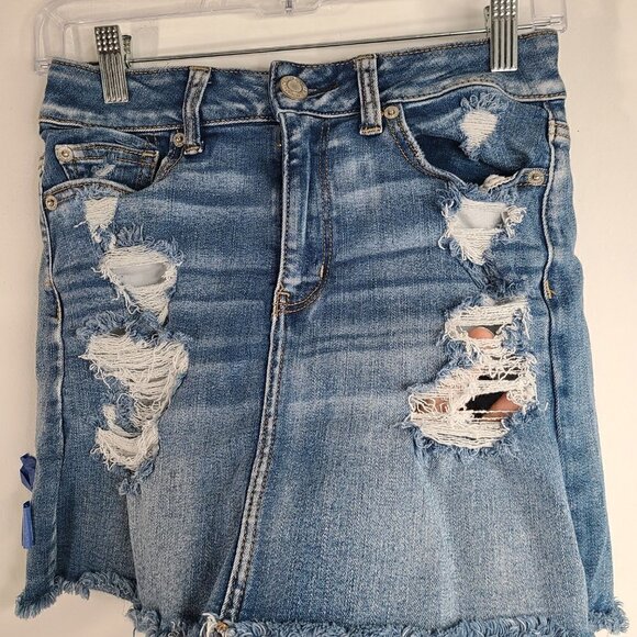 American Eagle Next Level Stretch Distressed Denim Skirt Y2K - Picture 5 of 8